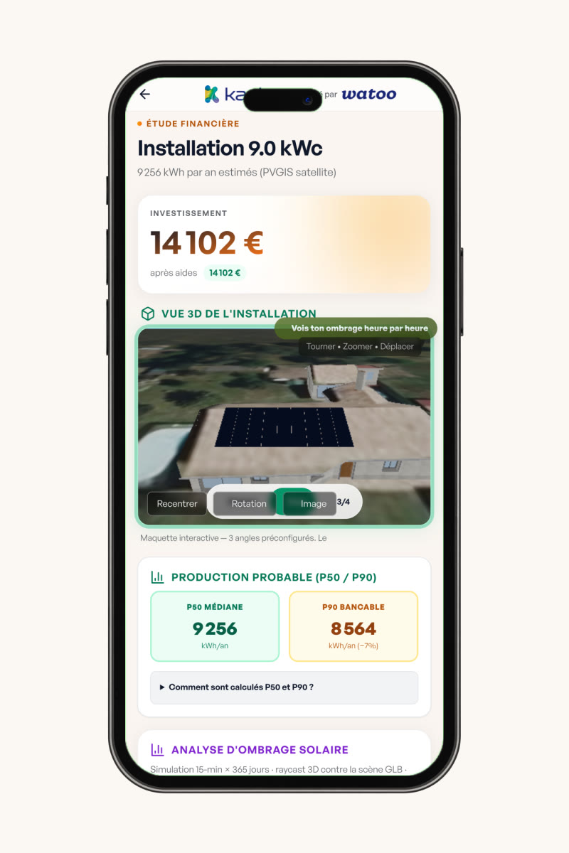 Démonstration de l’interface Kaelo sur smartphone : relevé de toiture en 3D, calepinage des panneaux, production annuelle, trésorerie sur 25 ans et rapports inclus.